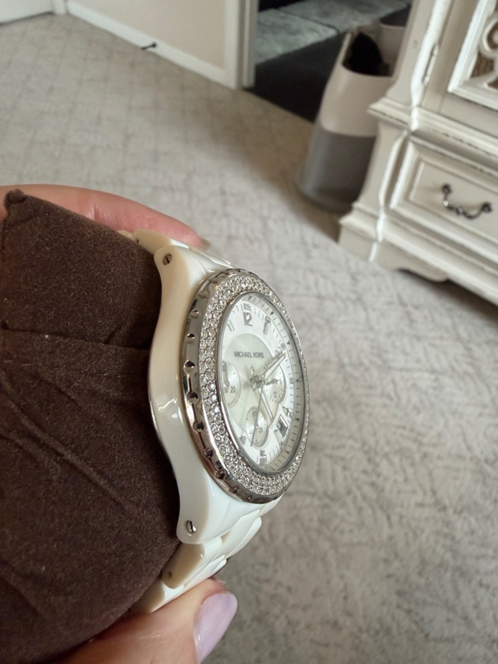 Michael Kors White Crystal-Trim Diamond Chronograph Watch Leather Box Bracelet - Picture 8 of 13
